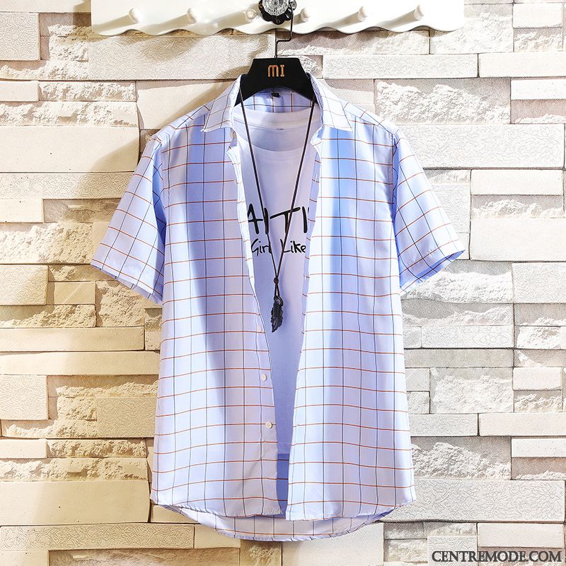 Chemises Homme Carreaux Été Les Adolescents Tendance Chemisette Demi Manche Blanc Violet