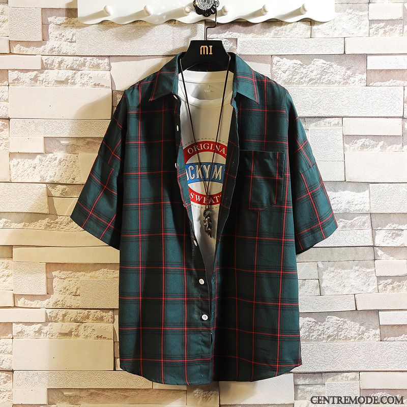 Chemises Homme Carreaux Été Les Adolescents Tendance Chemisette Demi Manche Blanc Violet