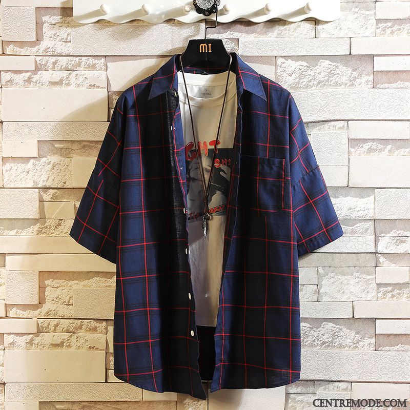 Chemises Homme Carreaux Été Les Adolescents Tendance Chemisette Demi Manche Blanc Violet