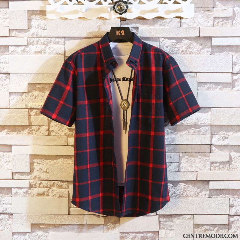 Chemises Homme Carreaux Été Les Adolescents Tendance Chemisette Demi Manche Blanc Violet