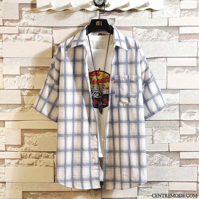 Chemises Homme Carreaux Été Les Adolescents Tendance Chemisette Demi Manche Blanc Violet