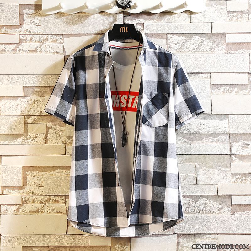 Chemises Homme Carreaux Été Les Adolescents Tendance Chemisette Demi Manche Blanc Violet