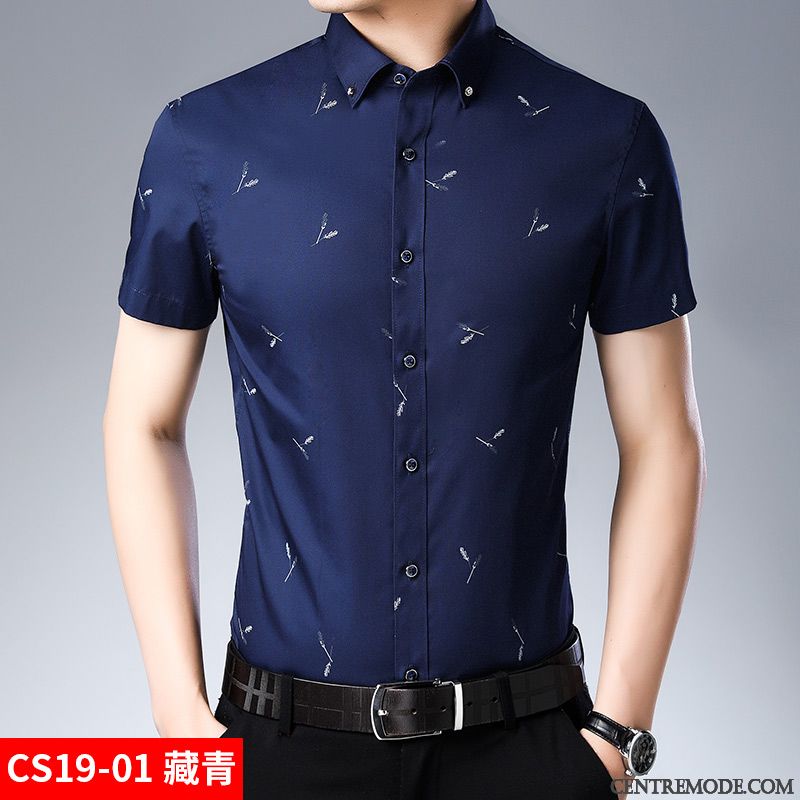 Chemises Homme Chemisette Tendance Cargo Beau Slim Décontractée Impression Bleu Blanc
