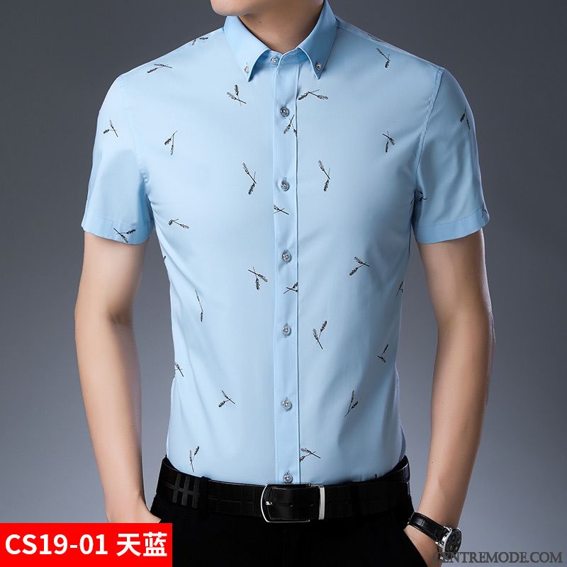 Chemises Homme Chemisette Tendance Cargo Beau Slim Décontractée Impression Bleu Blanc