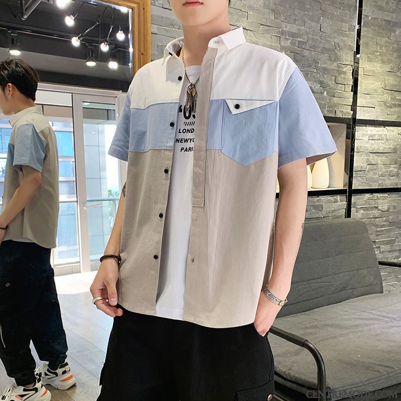 Chemises Homme Chemisette Tendance Cargo Beau Slim Décontractée Impression Bleu Blanc