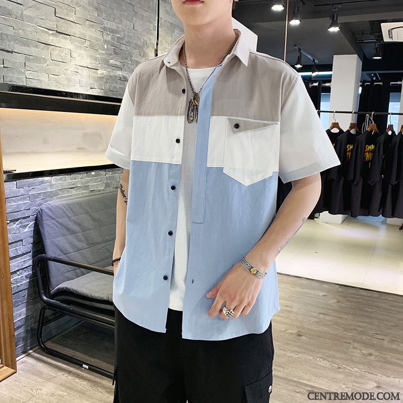 Chemises Homme Chemisette Tendance Cargo Beau Slim Décontractée Impression Bleu Blanc