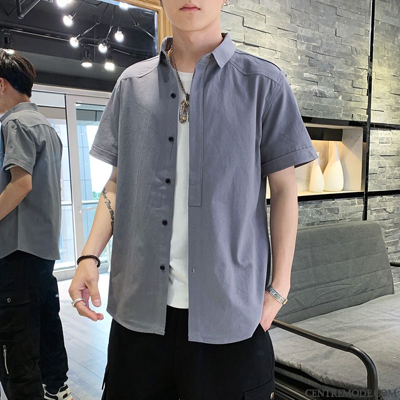 Chemises Homme Chemisette Tendance Cargo Beau Slim Décontractée Impression Bleu Blanc