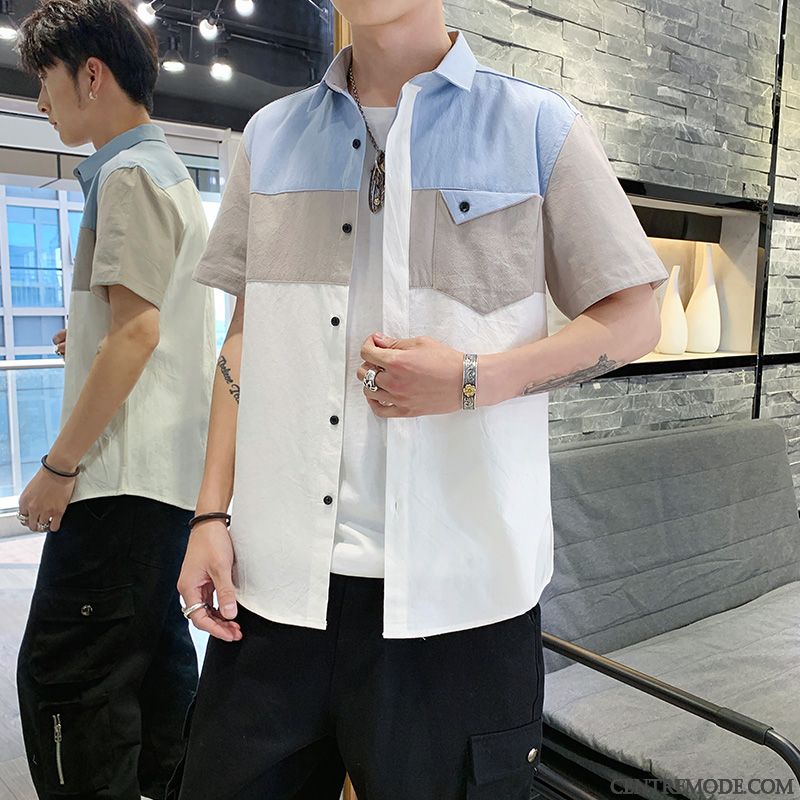 Chemises Homme Chemisette Tendance Cargo Beau Slim Décontractée Impression Bleu Blanc