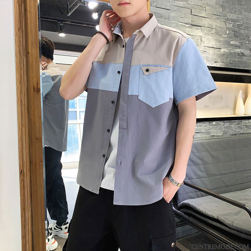 Chemises Homme Chemisette Tendance Cargo Beau Slim Décontractée Impression Bleu Blanc
