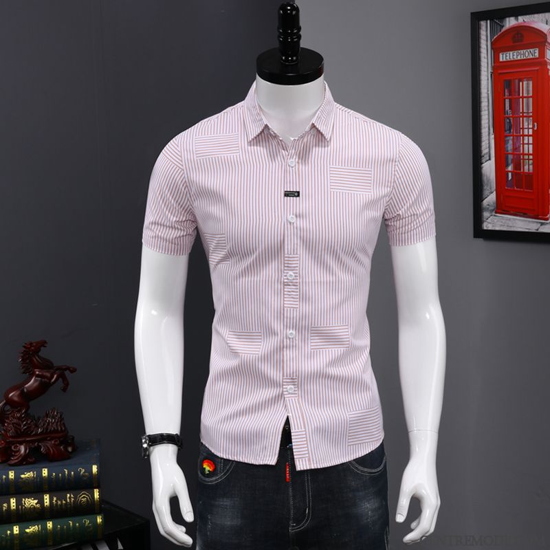 Chemises Homme Demi Manche Une Veste Slim Légère Tendance Beau Rose