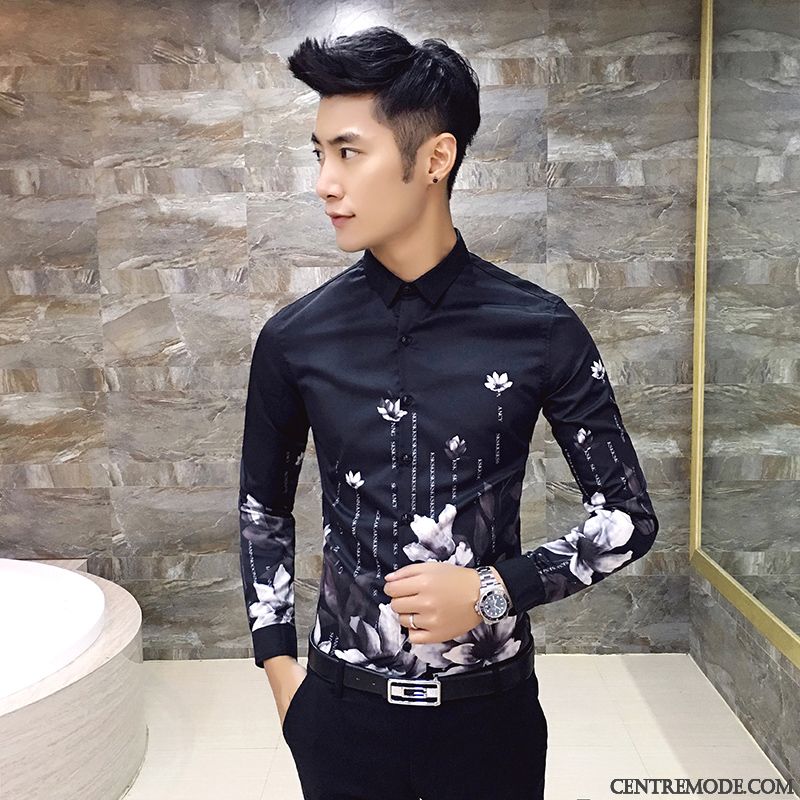 Chemises Homme Décontractée Longues Tendance Personnalité Fleur Mode Impression Blanc
