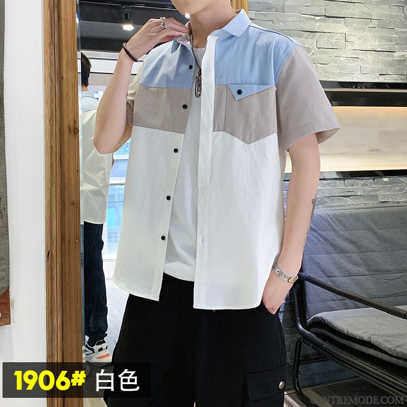 Chemises Homme Décontractée Tendance Été Personnalité Beau Étudiant Couleurs Mixtes Bleu
