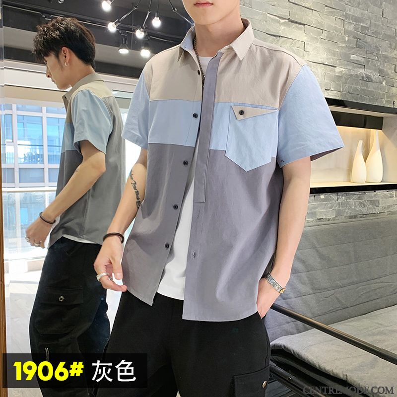 Chemises Homme Décontractée Tendance Été Personnalité Beau Étudiant Couleurs Mixtes Bleu