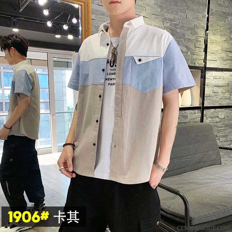 Chemises Homme Décontractée Tendance Été Personnalité Beau Étudiant Couleurs Mixtes Bleu
