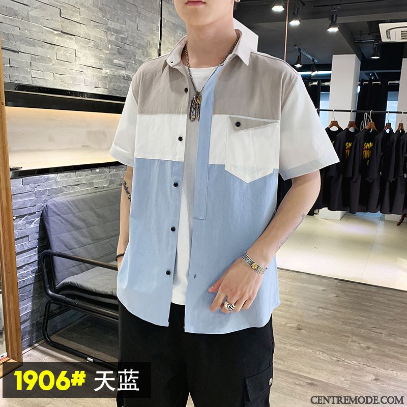 Chemises Homme Décontractée Tendance Été Personnalité Beau Étudiant Couleurs Mixtes Bleu