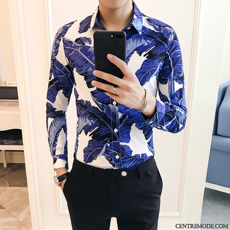 Chemises Homme Fleur L'automne Beau Tendance Slim Longues Rouge