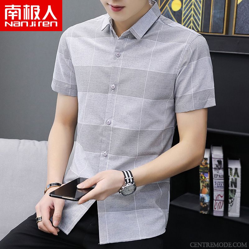 Chemises Homme Jeunesse Une Veste Demi Manche Chemisette Mince Printemps Gris
