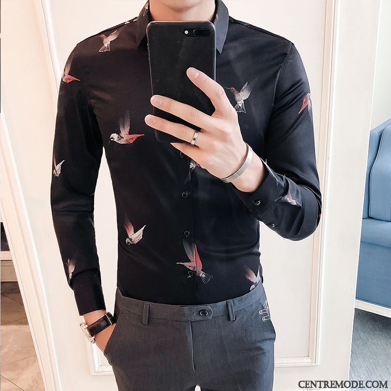 Chemises Homme L'automne Personnalité Jeunesse Slim Tendance Longues Impression Blanc