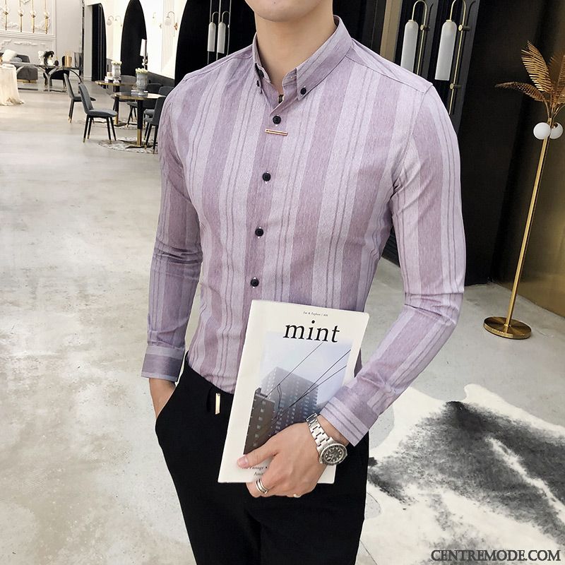 Chemises Homme L'automne Tendance Slim Rayé Longues Jeunesse Bleu