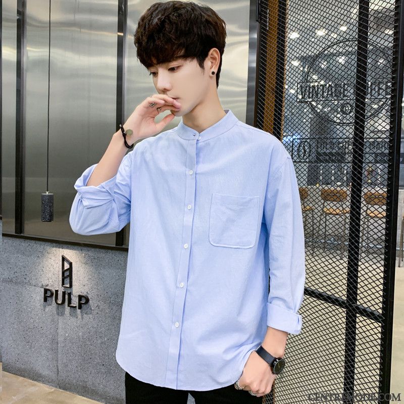 Chemises Homme Longues Col Mandarin Légère Coton Bio Beau Sans Collier Bleu Rouge