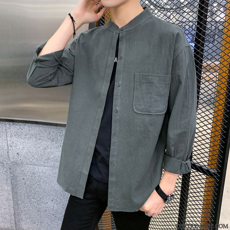 Chemises Homme Longues Col Mandarin Légère Coton Bio Beau Sans Collier Bleu Rouge