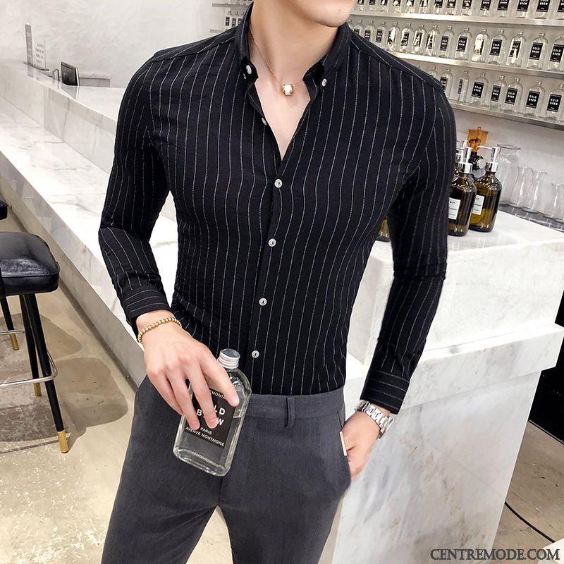 Chemises Homme Longues Décontractée Tendance Rayé Slim Mode Blanc