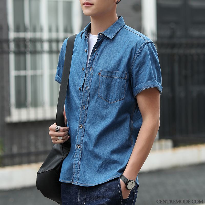 Chemises Homme Légère Longues Beau Denim Été Décontractée Bleu