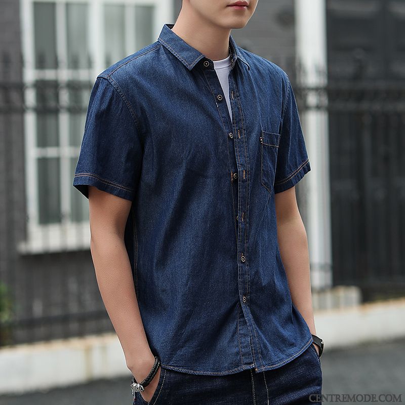Chemises Homme Légère Longues Beau Denim Été Décontractée Bleu