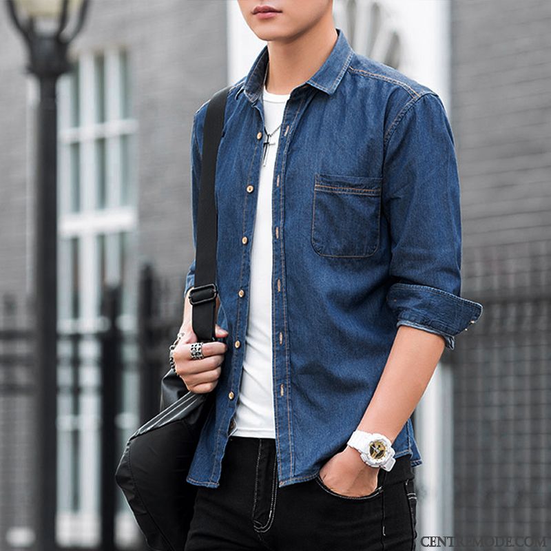 Chemises Homme Légère Longues Beau Denim Été Décontractée Bleu