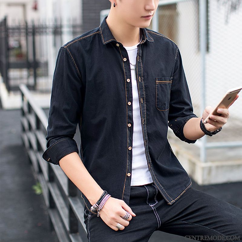 Chemises Homme Légère Longues Beau Denim Été Décontractée Bleu