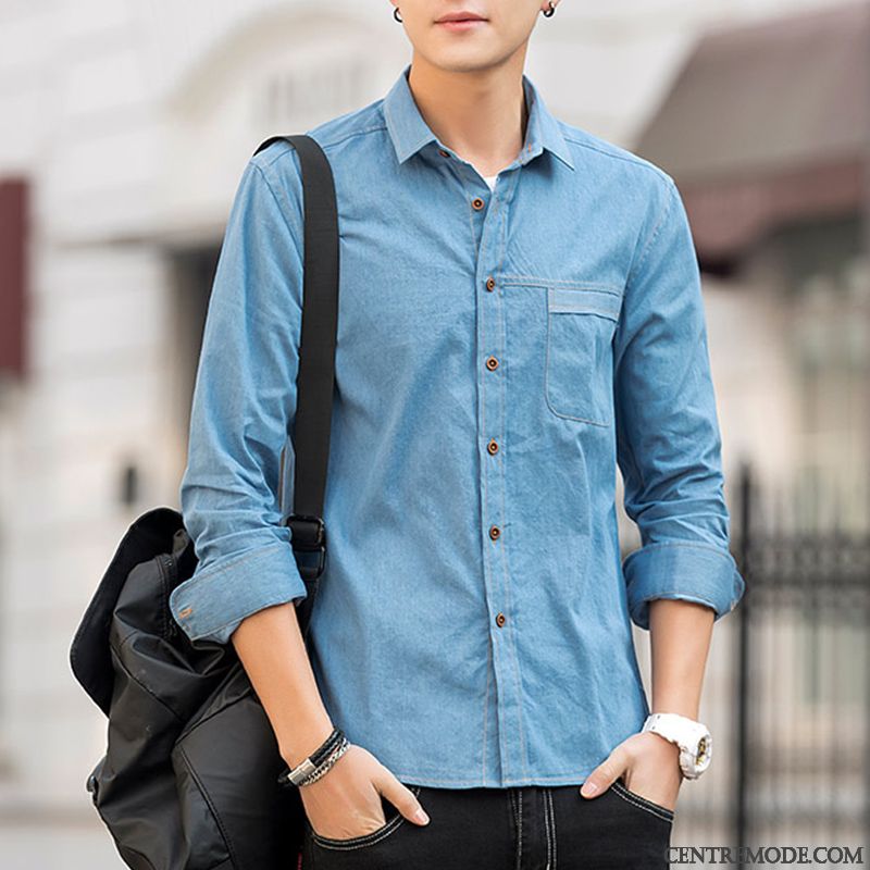 Chemises Homme Légère Longues Beau Denim Été Décontractée Bleu