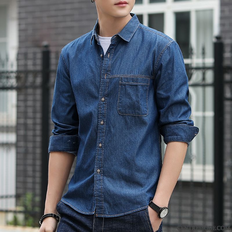 Chemises Homme Légère Longues Beau Denim Été Décontractée Bleu