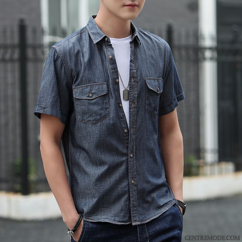 Chemises Homme Légère Longues Beau Denim Été Décontractée Bleu