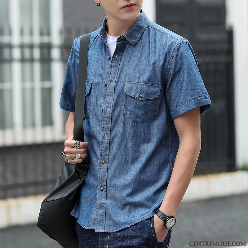 Chemises Homme Légère Longues Beau Denim Été Décontractée Bleu