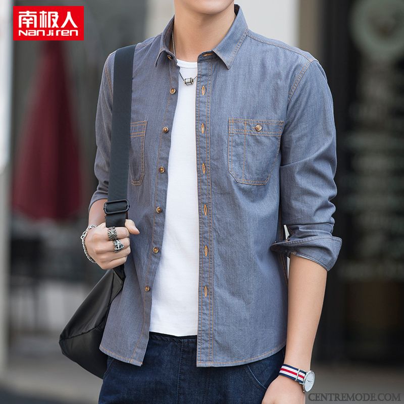 Chemises Homme Légère Longues Beau Denim Été Décontractée Bleu