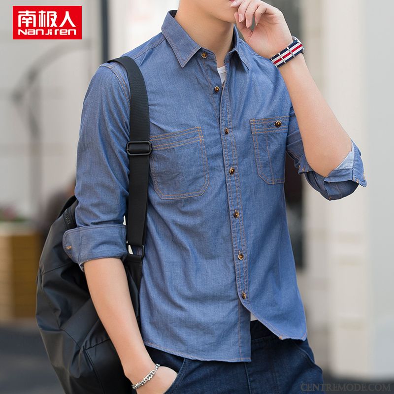 Chemises Homme Légère Longues Beau Denim Été Décontractée Bleu