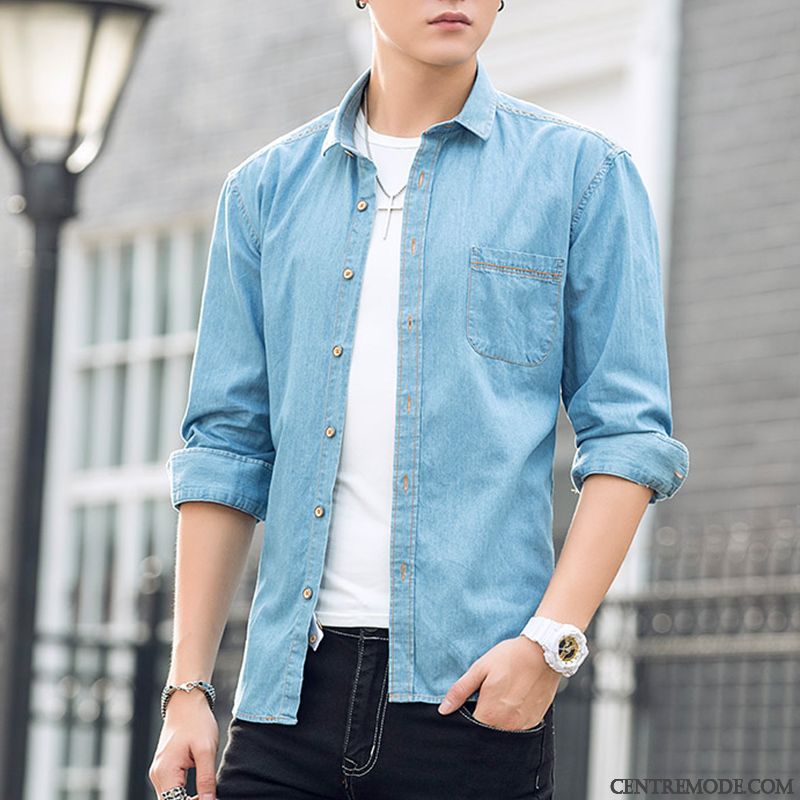 Chemises Homme Légère Longues Beau Denim Été Décontractée Bleu