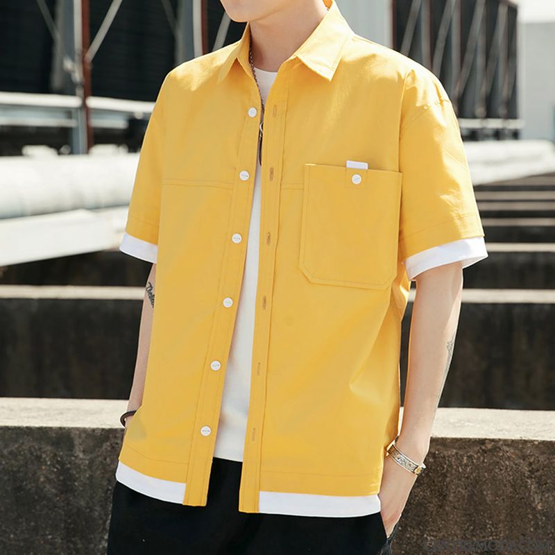 Chemises Homme Manche Étudiant Cargo Courte Beau Tendance Rouge Vert