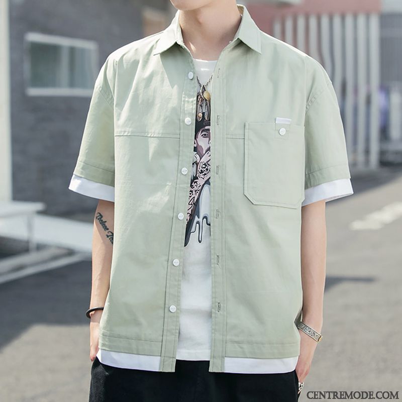 Chemises Homme Manche Étudiant Cargo Courte Beau Tendance Rouge Vert