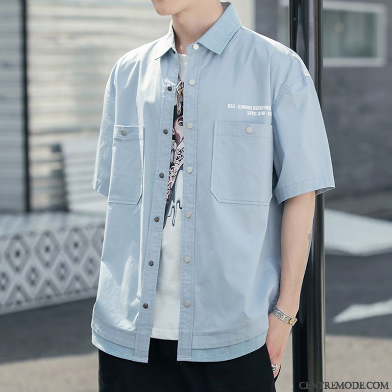 Chemises Homme Manche Étudiant Cargo Courte Beau Tendance Rouge Vert