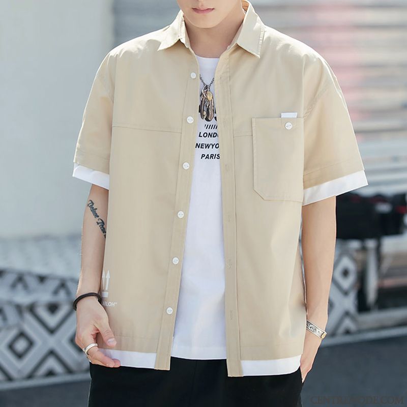 Chemises Homme Manche Étudiant Cargo Courte Beau Tendance Rouge Vert