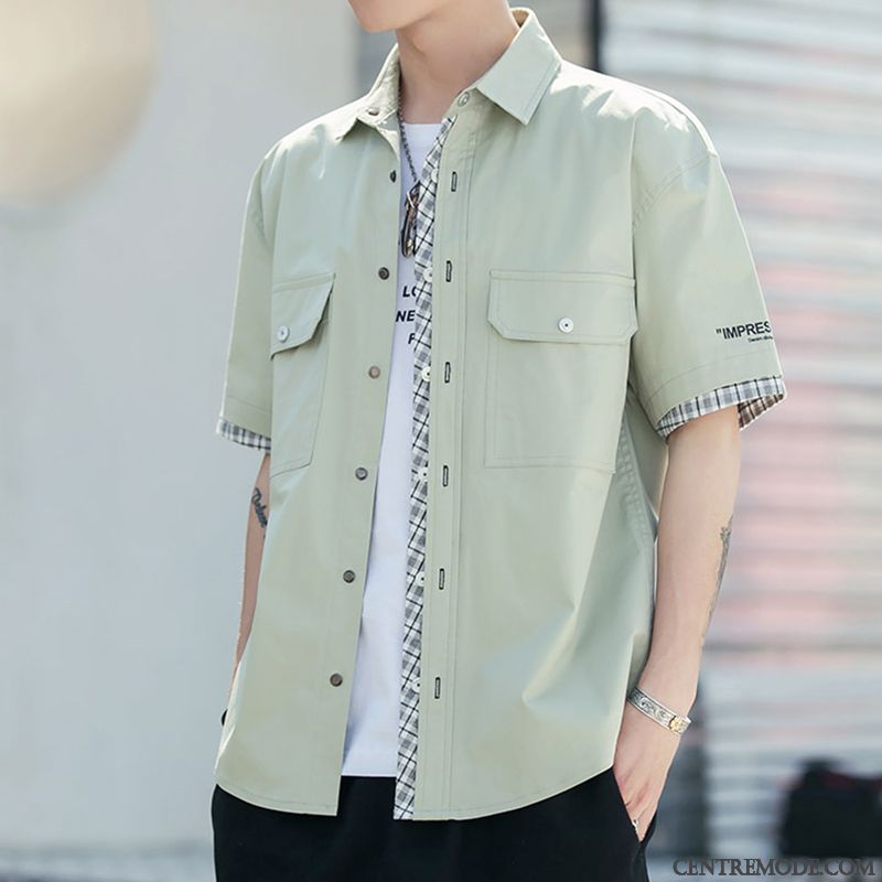 Chemises Homme Manche Étudiant Cargo Courte Beau Tendance Rouge Vert