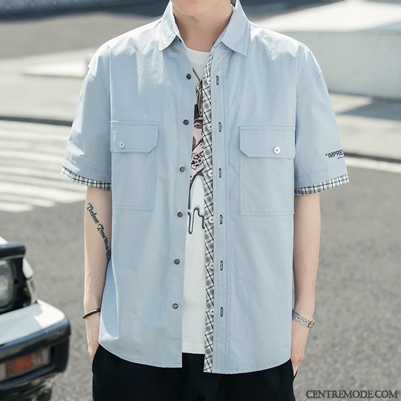 Chemises Homme Manche Étudiant Cargo Courte Beau Tendance Rouge Vert