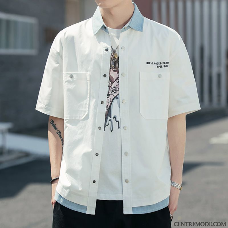 Chemises Homme Manche Étudiant Cargo Courte Beau Tendance Rouge Vert