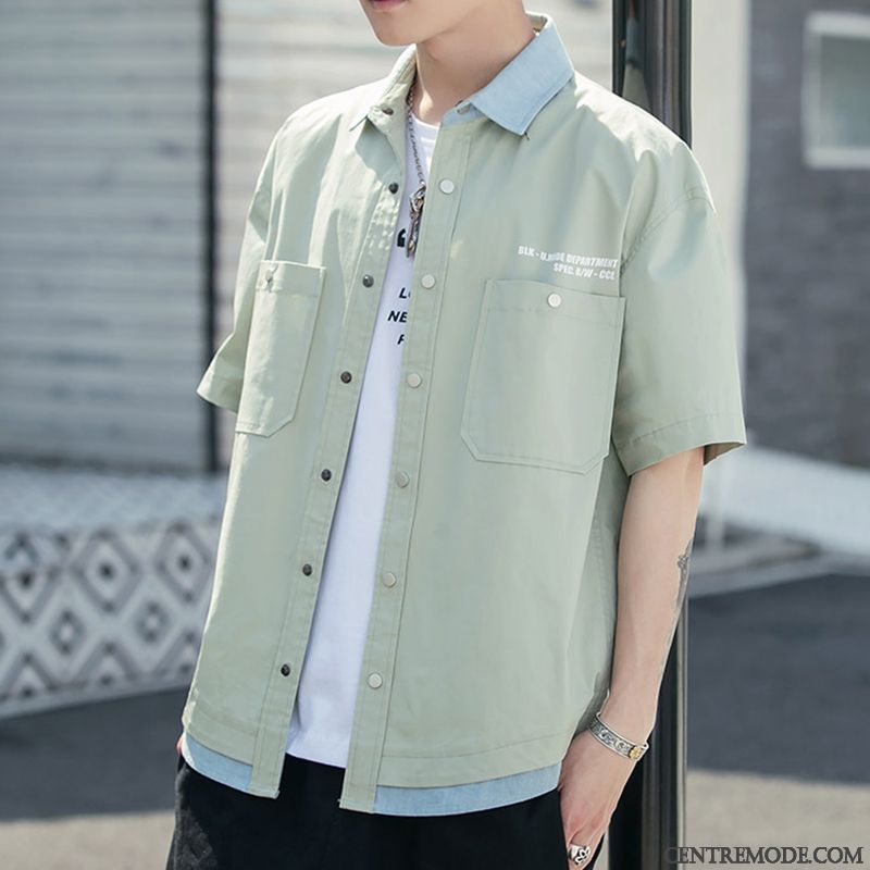 Chemises Homme Manche Étudiant Cargo Courte Beau Tendance Rouge Vert