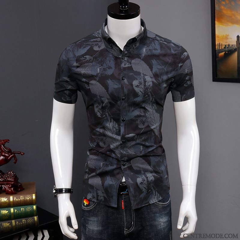 Chemises Homme Marque De Tendance Slim Courte Décontractée Été Beau Impression Blanc