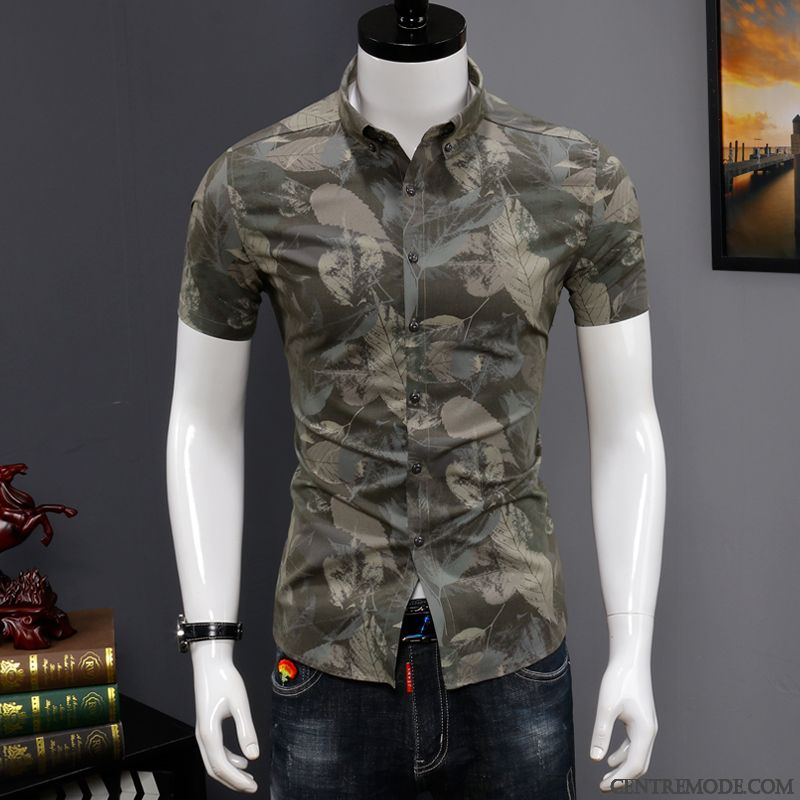 Chemises Homme Marque De Tendance Slim Courte Décontractée Été Beau Impression Blanc