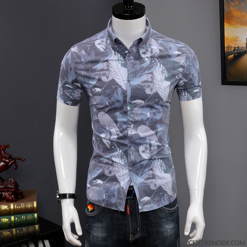 Chemises Homme Marque De Tendance Slim Courte Décontractée Été Beau Impression Blanc