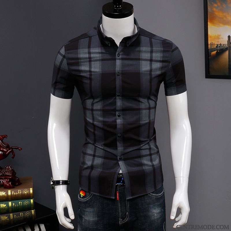 Chemises Homme Marque De Tendance Slim Courte Décontractée Été Beau Impression Blanc