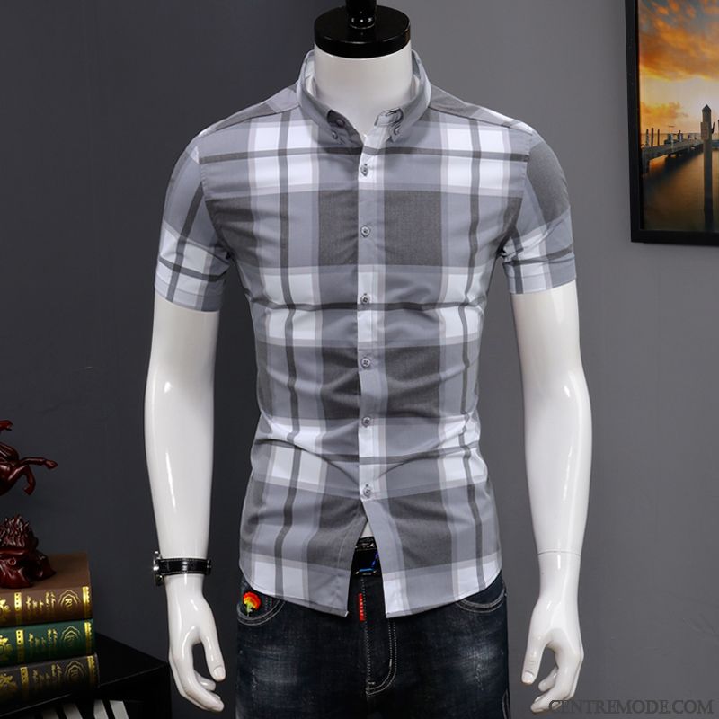 Chemises Homme Marque De Tendance Slim Courte Décontractée Été Beau Impression Blanc